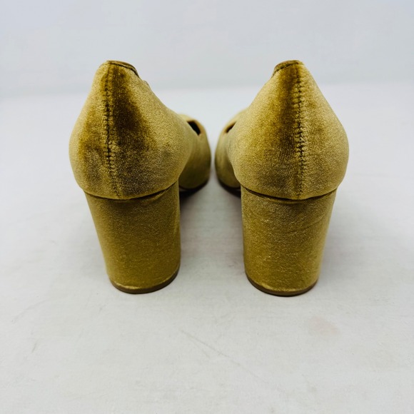 Anthropologie Scalloped Velvet Block Heels Mustard Yellow Pointed Toe Pumps 8M - Picture 6 of 10
